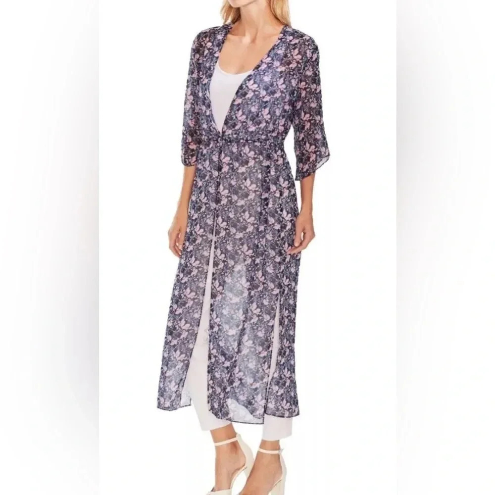 VINCE CAMUTO Women's Navy Multi Floral Chiffon Duster Shirt Top 1x